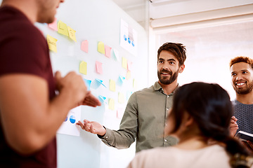 Image showing Brainstorming, data and teamwork with man in meeting for strategy, project management or planning. Collaboration, creative and idea with business people in startup for schedule, solution or moodboard