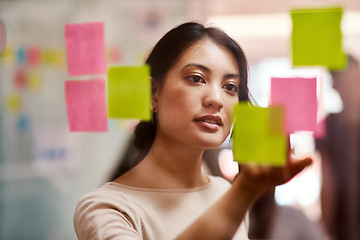 Image showing Brainstorming, creative and planning with woman in office for sticky notes, branding and project management. Problem solving, goals and idea with female employee for schedule, solution and moodboard