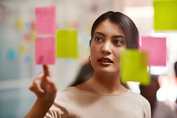 Image showing Brainstorming, creative and moodboard with woman in meeting for speaker, branding and planning. Project management, goals and idea with female employee in office for schedule, solution and strategy