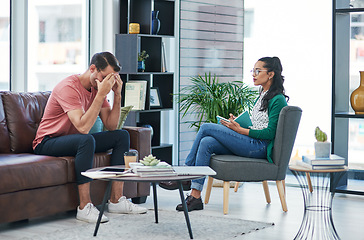 Image showing Mental health, therapy or consulting with a woman psychologist and male patient talking in her office. Psychology, wellness and trust with a female doctor or therapist grief counseling a man