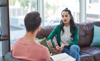 Image showing Mental health, therapy or counseling with a man psychologist and female patient talking in his office. Psychology, wellness and trust with a male doctor or therapist consulting a woman for healing