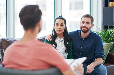 Image showing Couple, love and marriage with therapy, communication and discussion with advice psychology or support. Partners, man and woman with a counsellor, therapist or relationship with healing or consulting