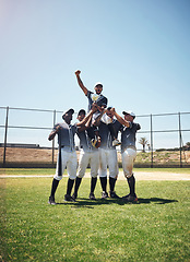 Image showing Baseball team, sports and men winning trophy at competition or game on field. Champion athlete friends group celebrate achievement, win or teamwork and fitness prize for professional sport outdoor