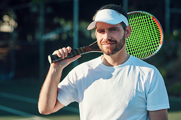 Image showing Sports, tennis and portrait of man at court for training, workout and cardio routine. Fitness, face and male player with racket for exercise, challenge and match outdoors with competitive mindset