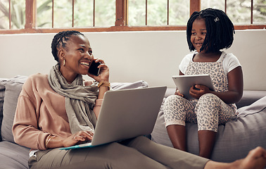 Image showing Black family, freelance call and kid smile with tablet and mom on a computer with remote work. Happy, child app and home of a girl with mama in a conversation and communication from freelancer job