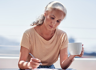 Image showing Writing, book and an elderly woman author sitting outdoor in summer for inspiration as a writer. Idea, planning and a female pensioner drinking coffee while using a pen to write in a journal outside