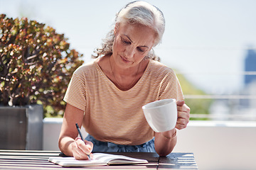 Image showing Writing, book and an old woman author sitting outdoor in summer for inspiration as a writer. Idea, planning and a senior female pensioner drinking coffee while using a pen to write in her diary