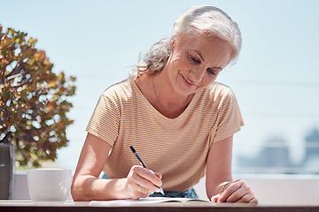 Image showing Writing, book and a senior woman author sitting outdoor in summer for inspiration as a writer. Idea, planning and notebook with a female journalist using a pen to write in a journal or diary outside