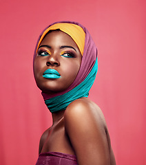 Image showing Fashion, beauty and scarf with black woman in studio for creative, art and culture. Makeup, cosmetics and natural with face of model isolated on pink background for african and color mockup