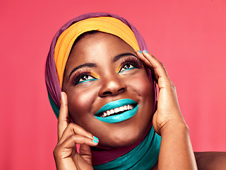 Image showing Makeup, beauty and scarf with smile and black woman in studio for creative, art and culture. Fashion, cosmetics and natural with face of model isolated on pink background for african and color