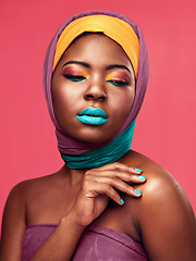 Image showing Makeup, culture and scarf with black woman in studio for creative, art and beauty. Fashion, cosmetics and natural with face of model isolated on pink background for african and color mockup