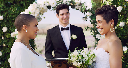 Image showing Love, gay and lgbtq with lesbian couple at wedding for celebration, happy and pride. Smile, spring and marriage ceremony with women at event for partner commitment, queer, romance and freedom