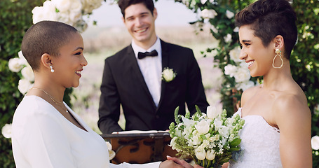 Image showing Love, happy and lgbtq with lesbian couple at wedding for celebration, gay and pride. Smile, spring and happiness with women at ceremony event for partner commitment, queer romance and freedom