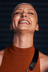 Image showing Young woman, laugh and portrait with hipster and gen z fashion with a happy smile and piercing. Cool style, face and funny joke of a female person laughing with happiness, confidence and jewelry