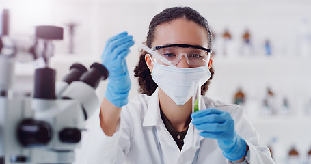 Image showing Herbal plant medicine, lab research and woman scientist with test tube of a employee with science work. Laboratory, working and chemistry for medical and analysis doing botanical analytics with mask