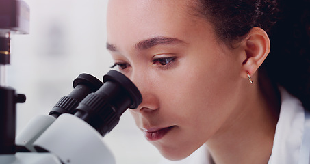 Image showing Science, face and microscope with woman in laboratory for expert research, medical and planning. Test, vaccine analysis and medicine with female scientist for chemistry, healthcare and pharmacy