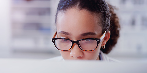 Image showing Pharmacy, computer and research with woman in laboratory for thinking, medical report and network. Healthcare, science and expert with female scientist for internet, technology and medicine study