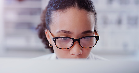 Image showing Science, computer and research with woman in laboratory for glasses, medical report and network. Healthcare, pharmacy and expert with female scientist for internet, technology and medicine study