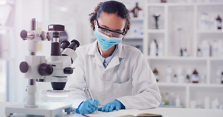 Image showing Scientist face mask, woman writing and lab worker with medical research in a clinic. Data work, planning and working of a young female employee with a notebook and microscope results for science