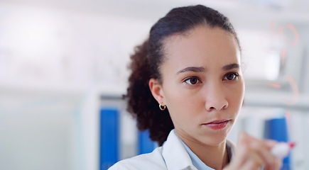 Image showing Scientist planning woman writing research on clear board for science formula and data. Laboratory worker, female person and focus with analysis and futuristic vision for medical test with mockup