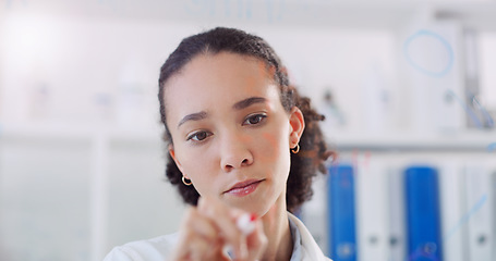 Image showing Thinking, scientist data and woman writing on clear board for science formula research. Laboratory worker, female person and focus with planning and futuristic vision for medical test with mockup