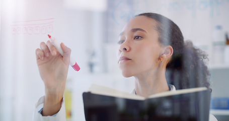 Image showing Science, writing formula and woman in with book for research, analytics and study results for solution. Healthcare, glass wall and female scientist in lab write for chemistry, medicine and analysis