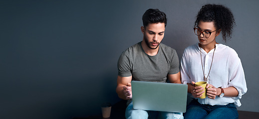 Image showing Employees, reading and laptop with mock up background with teamwork for a collaboration. Business people, planning and online discussion for working with creativity in a startup with a banner.