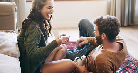 Image showing Happy, young couple and spending romantic time or relax on the floor or weekend holidays and caring at home. Love, relationship and bonding or man or woman person and understanding each other