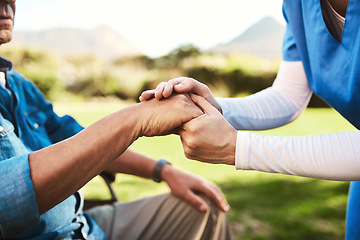 Image showing Senior, nurse and holding hands in wheelchair for healthcare support, love or elderly care compassion in nature. Hand of caregiver helping man patient or person with a disability outside nursing home