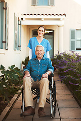 Image showing Senior man, wheelchair and portrait of nurse in healthcare support or garden walk at nursing home. Happy elderly male and woman caregiver helping patient or person with a disability in retirement