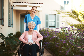 Image showing Senior woman, wheelchair and portrait of nurse in healthcare support or garden walk at nursing home. Happy elderly female and caregiver helping patient or person with a disability in retirement