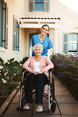 Image showing Senior woman, wheelchair and portrait of caregiver in healthcare support or garden walk at nursing home. Happy elderly female and nurse helping patient or person with a disability by retirement house