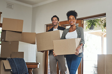 Image showing Happy couple, real estate and moving in property with boxes for renovation, investment or relocation. Excited interracial man or woman owner carrying box in move together or mortgage loan in new home