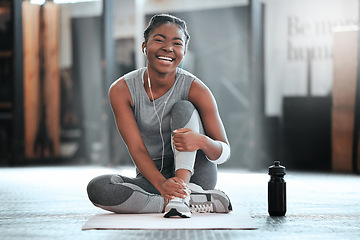 Image showing Gym, portrait or happy black woman on break after a workout, exercise or training for fitness. Funny, smile or healthy sports girl or female African athlete smiling or relaxing with positive mindset