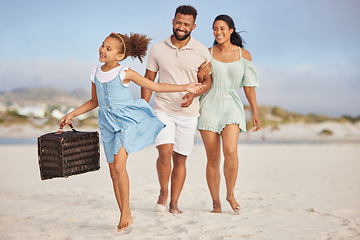 Image showing Happy family, parents or child walking on beach to relax on fun holiday vacation or picnic together. Dad, mom or excited young girl bonding, smiling or holding basket outdoors in summer at seashore