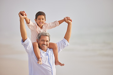 Image showing Piggyback, portrait or grandfather with child at sea as a happy family outdoors in nature together. Face, play or lovely grandparent with young boy or kid outside with freedom on fun summer holiday