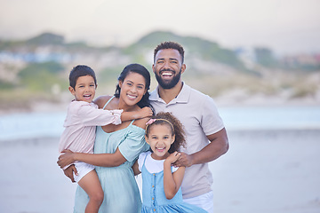 Image showing Family, parents or portrait of happy kids on beach to travel with joy, smile or love on holiday vacation. Mom, siblings or father with children for tourism in Mexico with happiness bonding together