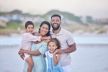 Image showing Happy family, parents or portrait of children on beach to travel with a smile, joy or love on holiday vacation. Mom, siblings or father with kids for tourism in Mexico with happiness bonding together