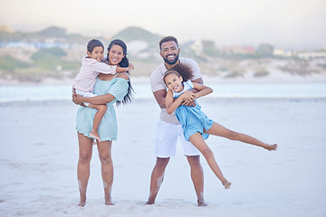 Image showing Family, parents or portrait of happy children at sea to travel with joy, smile or love on holiday vacation. Mom, beach or father smiling with kids in Mexico with happiness bonding or playing together