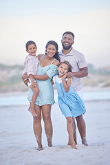 Image showing Family, parents or portrait of happy kids at sea to travel with joy, smile or love on holiday vacation. Mom, beach or father smiling with children in Mexico with happiness bonding or walking together