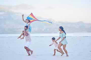 Image showing Kite, beach or parents playing with happy kids on fun holiday vacation together with happiness in summer. Smile, children siblings or mom with girl or boy on family time with father at sea in Mexico