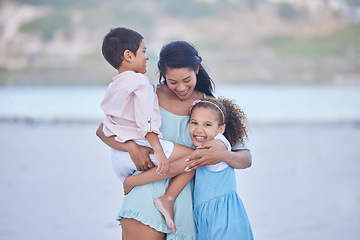 Image showing Love, beach or mother hugging happy kids on fun holiday vacation together with happiness in summer. Smile, children siblings or mom with girl or boy on family time with at sea in Mexico or nature