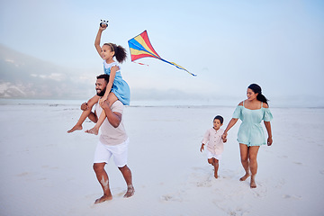 Image showing Kite, beach or parents running with happy kids on fun holiday vacation together with happiness. Smile, children siblings or mom playing with girl or boy on family time with father at sea in Mexico