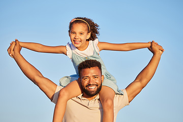 Image showing Love, sky or portrait of father with a girl child on a holiday vacation together with happiness in summer. Smile, faces or dad smiling or holding hands in family time with a happy young kid in Mexico