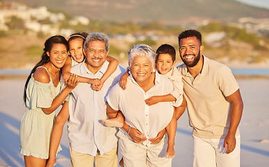 Image showing Happy family, grandparents or portrait of kids at sea to relax on holiday vacation together in Mexico. Dad, mom or children siblings love bonding or smiling with grandmother or grandfather at beach