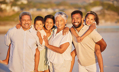 Image showing Happy family, grandparents or portrait of children at beach to relax on holiday vacation together in Mexico. Dad, mom or kids siblings love bonding or smiling with grandmother or grandfather at sea