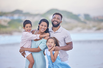 Image showing Family, parents or portrait of happy children on beach to travel with joy, smile or love on holiday vacation. Mom, funny or father with kids laughing in Mexico with happiness bonding together at sea