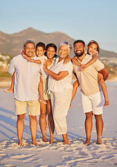 Image showing Big family, smile or portrait of happy kids at sea with grandparents on holiday vacation together. Dad, mom or children siblings love bonding or smiling with grandmother or grandfather on beach sand