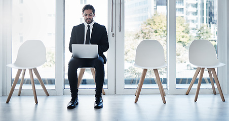 Image showing Business man, laptop and waiting room in queue, chair and typing for networking, research or hr recruitment. Businessman, computer and human resources for interview, hiring opportunity or internship