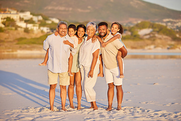 Image showing Happy family, grandparents or portrait of kids at beach to relax on holiday vacation together in Mexico. Dad, mom or children siblings love bonding or smiling with grandmother or grandfather at sea